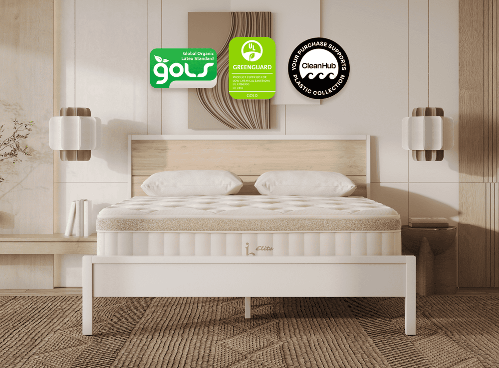 A rendered image featuring the Birch Elite Natural Mattress in a bedroom scene