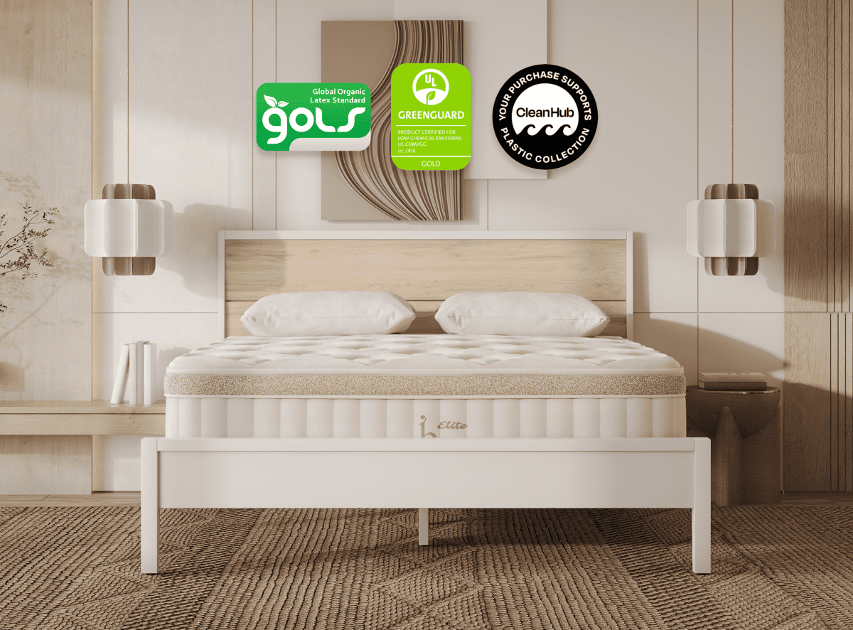 A rendered image featuring the Birch Elite Natural Mattress in a bedroom scene for The Mattress Shop, showcasing product image for Birch Elite Natural Mattress on the product page.