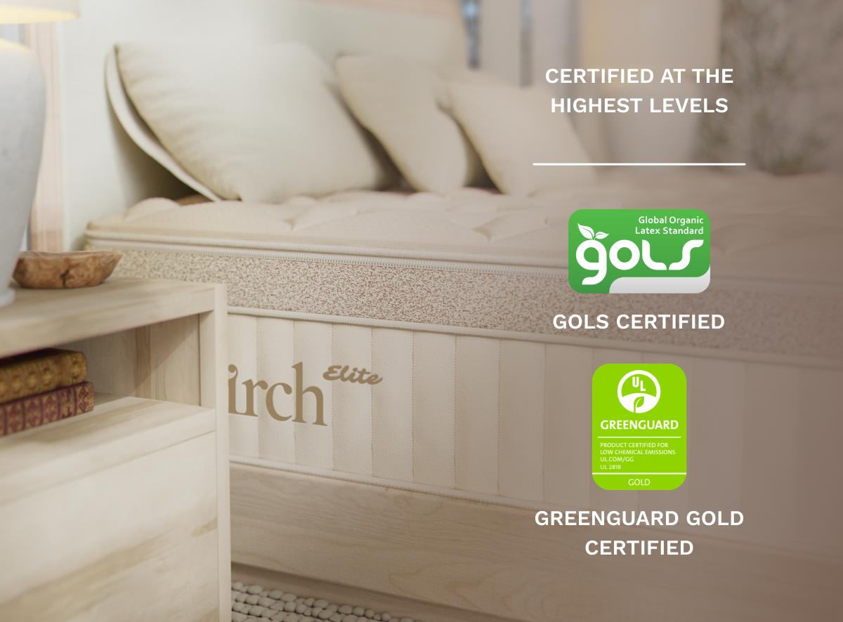 Birch Elite Mattress with GOLS and GreenGuard Gold certification logos in a bedroom setting.