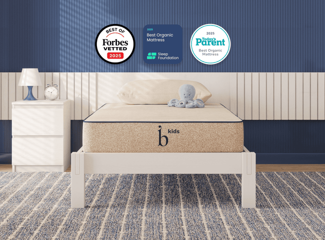 A rendered image featuring the Birch Kids Natural Mattress in a bedroom scene for The Mattress Shop, showcasing product image Birch Kids Natural Mattress on the page: Best Mattresses for Kids page.