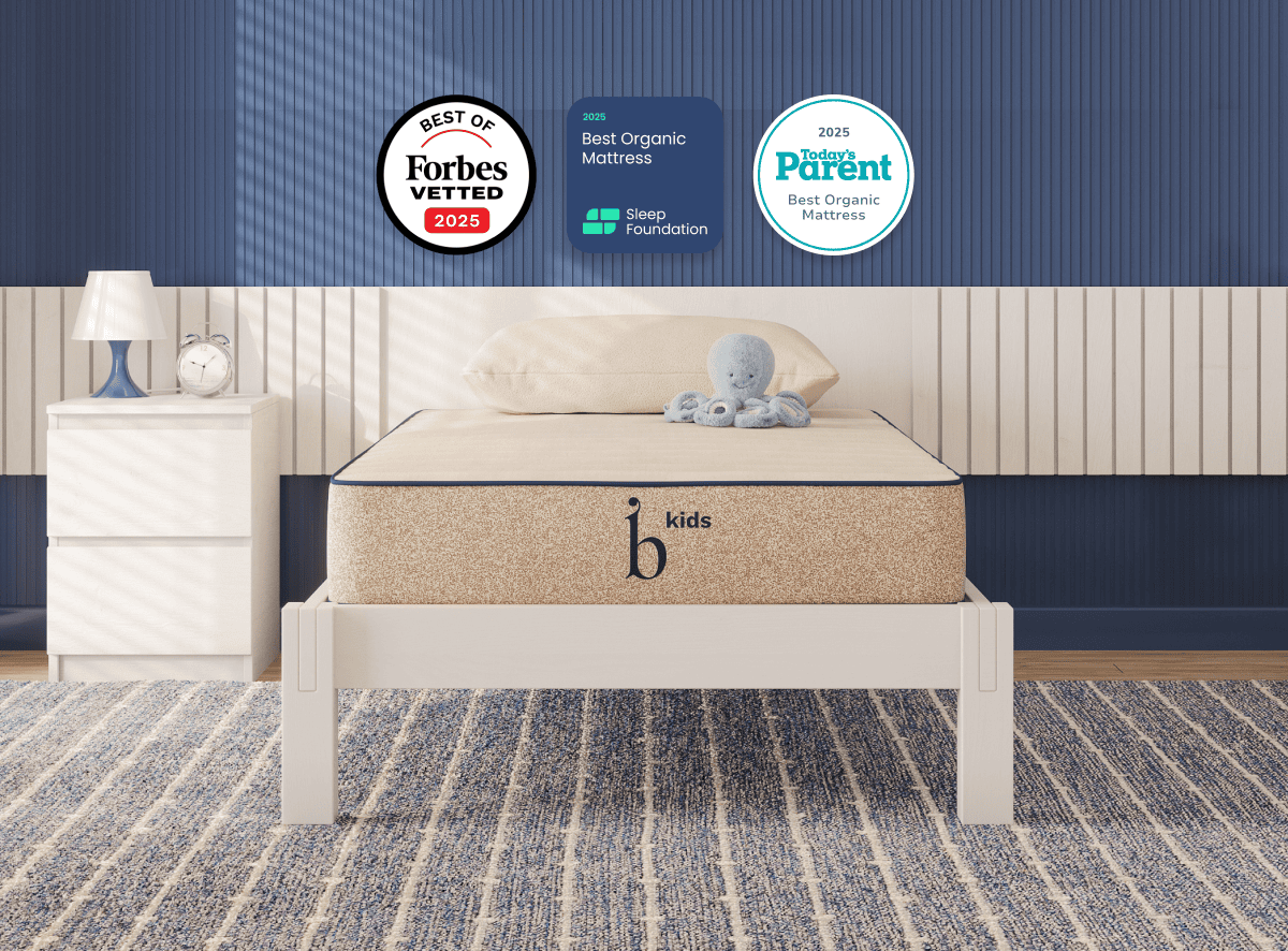 A rendered image featuring the Birch Kids Natural Mattress in a bedroom scene for The Mattress Shop, showcasing product image for Birch Kids Natural Mattress on the product page.