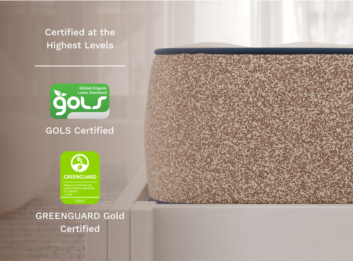 A rendered image showcasing GOLS and Greenguard Gold Certifications for The Mattress Shop, showcasing product image for Birch Kids Natural Mattress on the product page.