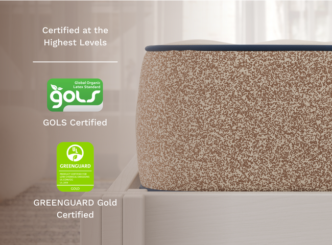 A rendered image showcasing GOLS and Greenguard Gold Certifications for The Mattress Shop, showcasing product thumbnail image for Birch Kids Natural Mattress on the product page.
