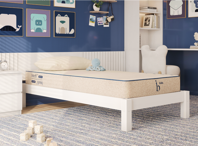 A rendered image featuring the Birch Kids Natural Mattress in a bedroom scene for The Mattress Shop, showcasing product image Birch Kids Natural Mattress on the page: Best Mattresses for Kids page.