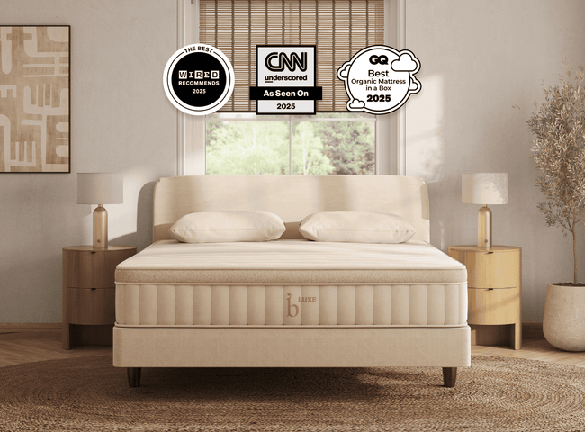 A rendered image featuring the Birch Luxe Natural Mattress in a bedroom scene for The Mattress Shop, showcasing product image Birch Luxe Natural Mattress on the page: Best Luxury Mattresses page.