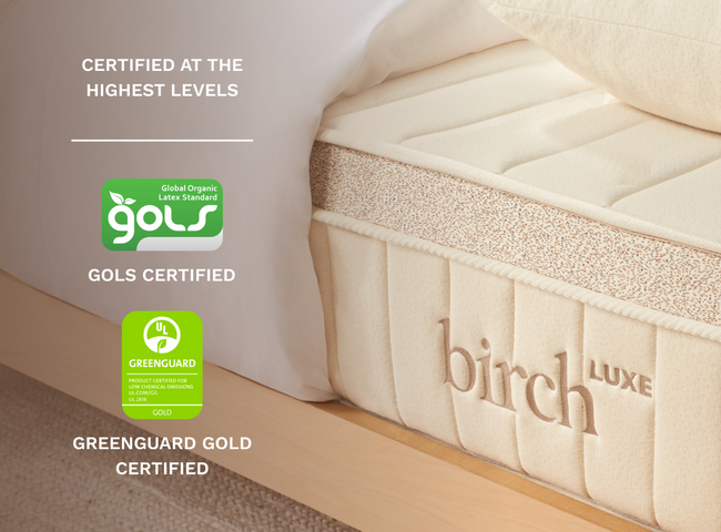A rendered image showcasing GOLS and Greenguard Gold Certifications for The Mattress Shop, showcasing product image Birch Luxe Natural Mattress on the page: Best Luxury Mattresses page.