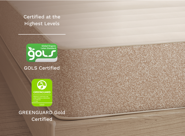 A rendered image showcasing GOLS and Greenguard Gold Certifications for The Mattress Shop, showcasing product image Birch Natural Mattress on the page: Best Hybrid Mattresses page.