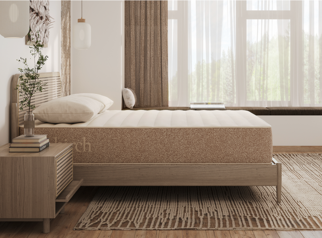 A rendered image featuring the Birch Natural Mattress in a bedroom scene for The Mattress Shop, showcasing product image Birch Natural Mattress on the page: Best Hybrid Mattresses page.