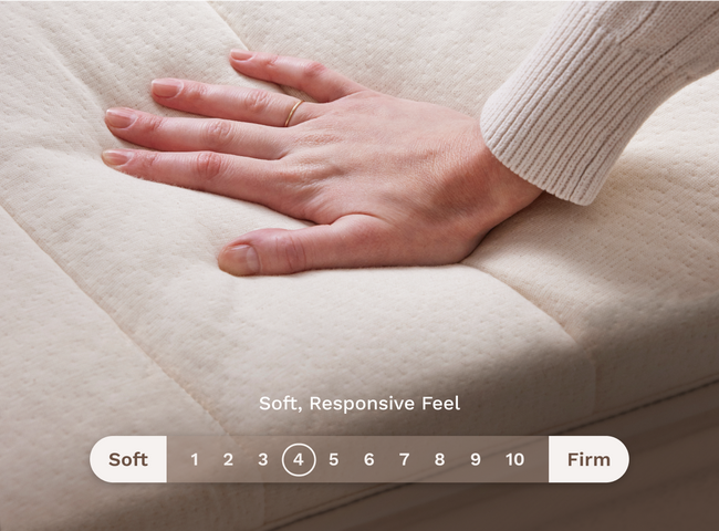 A rendered image featuring the Birch Plush Organic Mattress Topper showcasing that it is a 4 out of 10 on the firmness scale