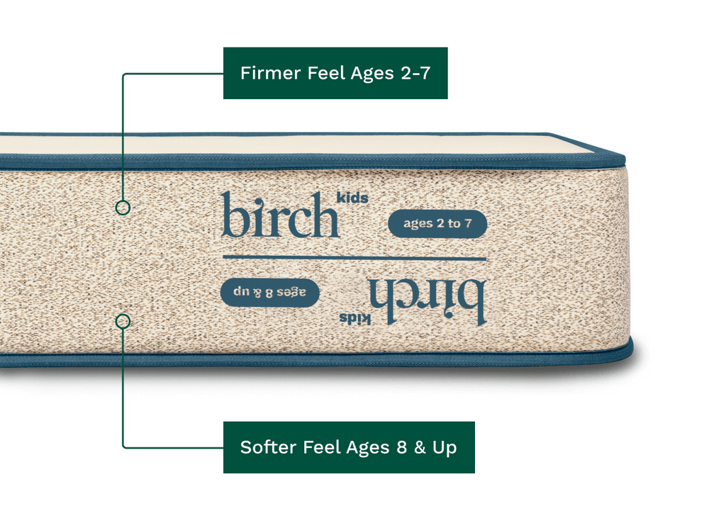 The Birch Kids Natural Mattress has a firmer side and a softer side
