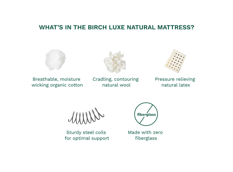 The Birch Luxe Natural Mattress is made with organic cotton, natural wool, organic latex, and steel