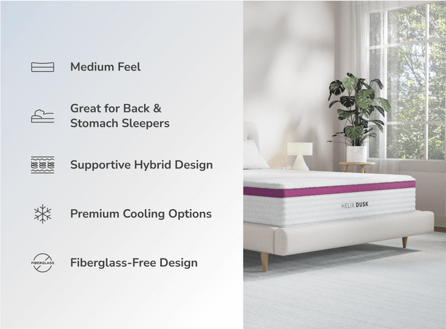Shop the Helix Dusk mattress for The Mattress Shop, showcasing product image Helix Dusk on the page: Best Mattresses for Stomach Sleepers page.