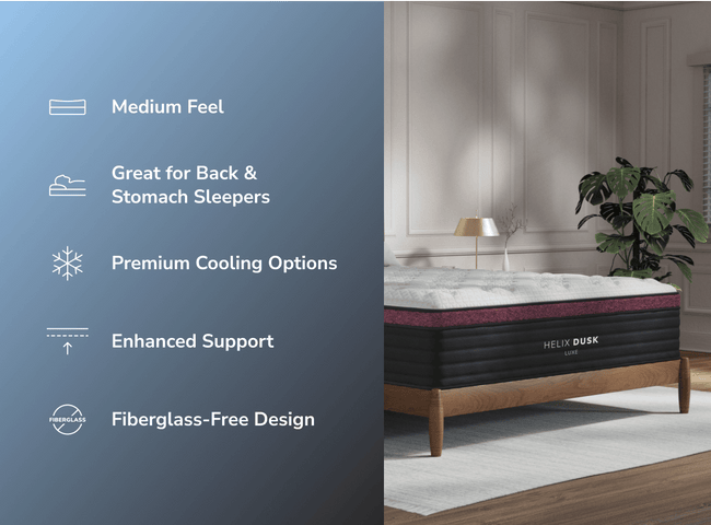 Shop the Dusk Luxe mattress for The Mattress Shop, showcasing product image Helix Dusk Luxe on the page: Best Mattresses For Back Sleepers - List Prominent CTA page.