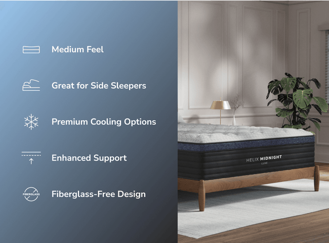 Shop the Midnight Luxe mattress for The Mattress Shop, showcasing product image Helix Midnight Luxe on the page: Best Luxury Mattresses page.