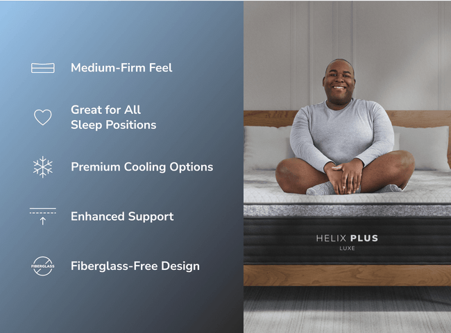 Shop the Plus Luxe mattress for The Mattress Shop, showcasing product image Helix Plus Luxe on the page: Best Mattresses for Heavy Sleepers page.
