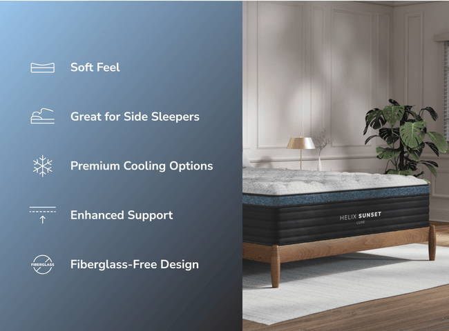 Shop the Helix Sunset Luxe Mattress for The Mattress Shop, showcasing product image Helix Sunset Luxe on the page: Best Soft Mattresses page.