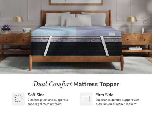 Mattress topper with dual comfort layers on a bed in a bedroom setting