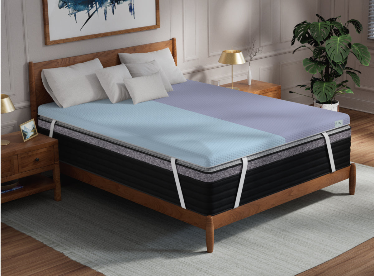 Mattress topper on a bed in a bedroom setting with decor elements.