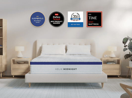 A rendered image featuring the Helix Midnight mattress in a bedroom scene