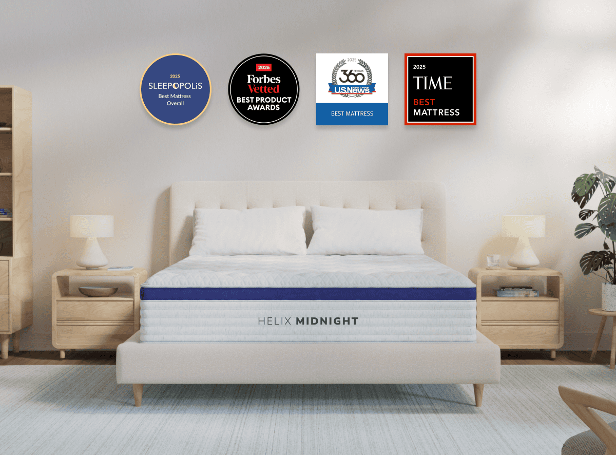 A rendered image featuring the Helix Midnight mattress in a bedroom scene