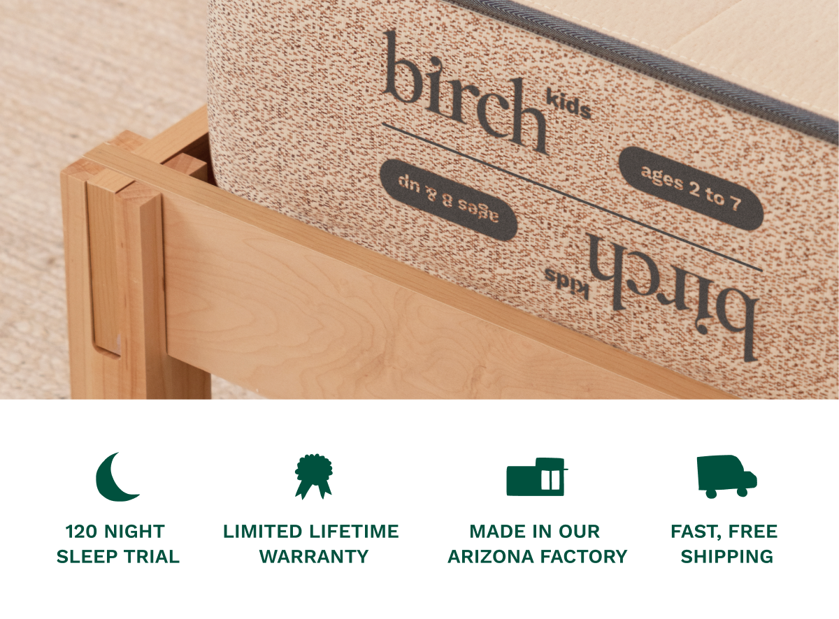 A bedroom scene combined with key callouts for the Birch mattresses, including a 120 night sleep trial