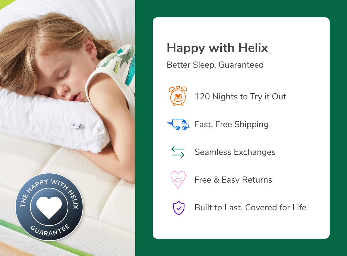 A bedroom scene combined with key callouts from the Happy with Helix program including a 120 night sleep trial