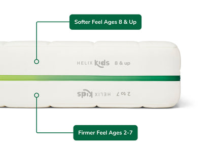 Helix Kids mattress with softer side for ages 8+ and firmer side for ages 2–7