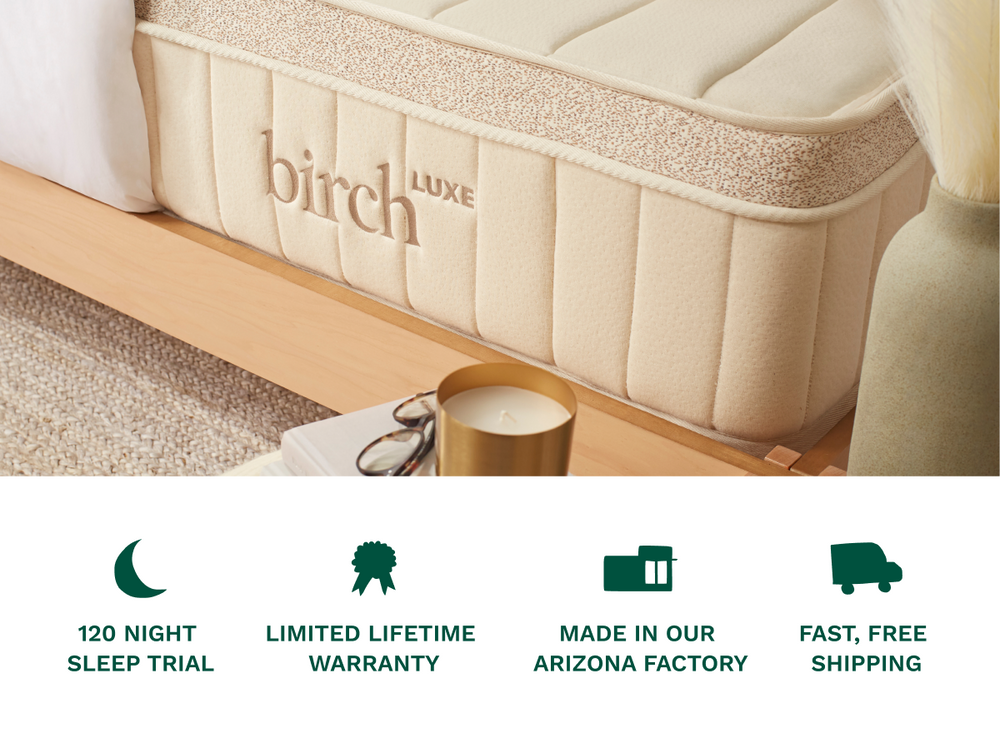 A bedroom scene combined with key callouts for the Birch mattresses, including a 120 night sleep trial