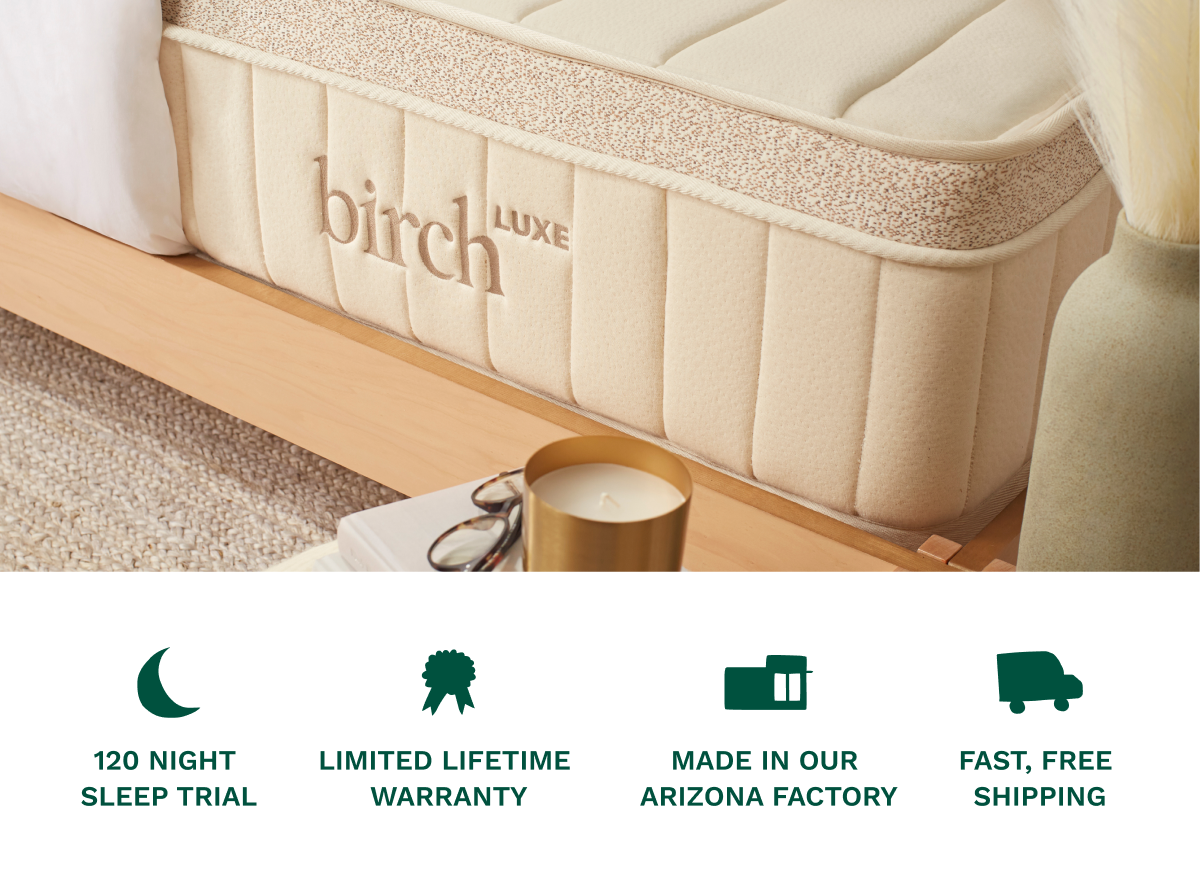 A bedroom scene combined with key callouts for the Birch mattresses, including a 120 night sleep trial