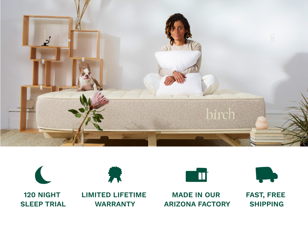 A bedroom scene combined with key callouts for the Birch mattresses, including a 120 night sleep trial