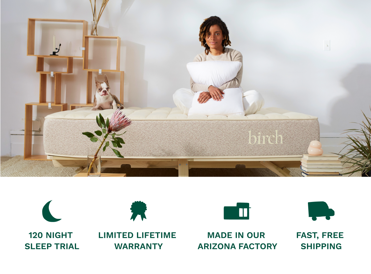 A bedroom scene combined with key callouts for the Birch mattresses, including a 120 night sleep trial