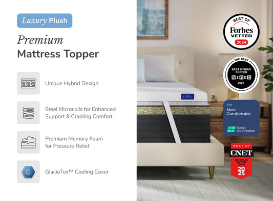 Enjoy a unique hybrid design and cutting edge cooling on the Premium Mattress Topper