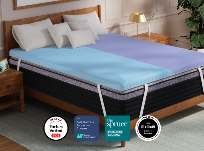 A rendered image of the Dual Comfort Mattress Topper for The Mattress Shop, showcasing product thumbnail image for Helix Dual Comfort Mattress Topper with GlacioTex on the product page.