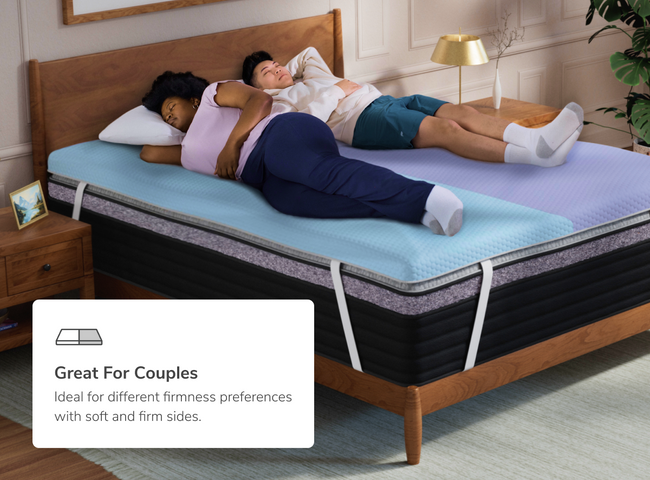 A rendered image of the Dual Comfort Mattress Topper with a callout to its benefits for couples for The Mattress Shop, showcasing product thumbnail image for Helix Dual Comfort Mattress Topper with GlacioTex on the product page.