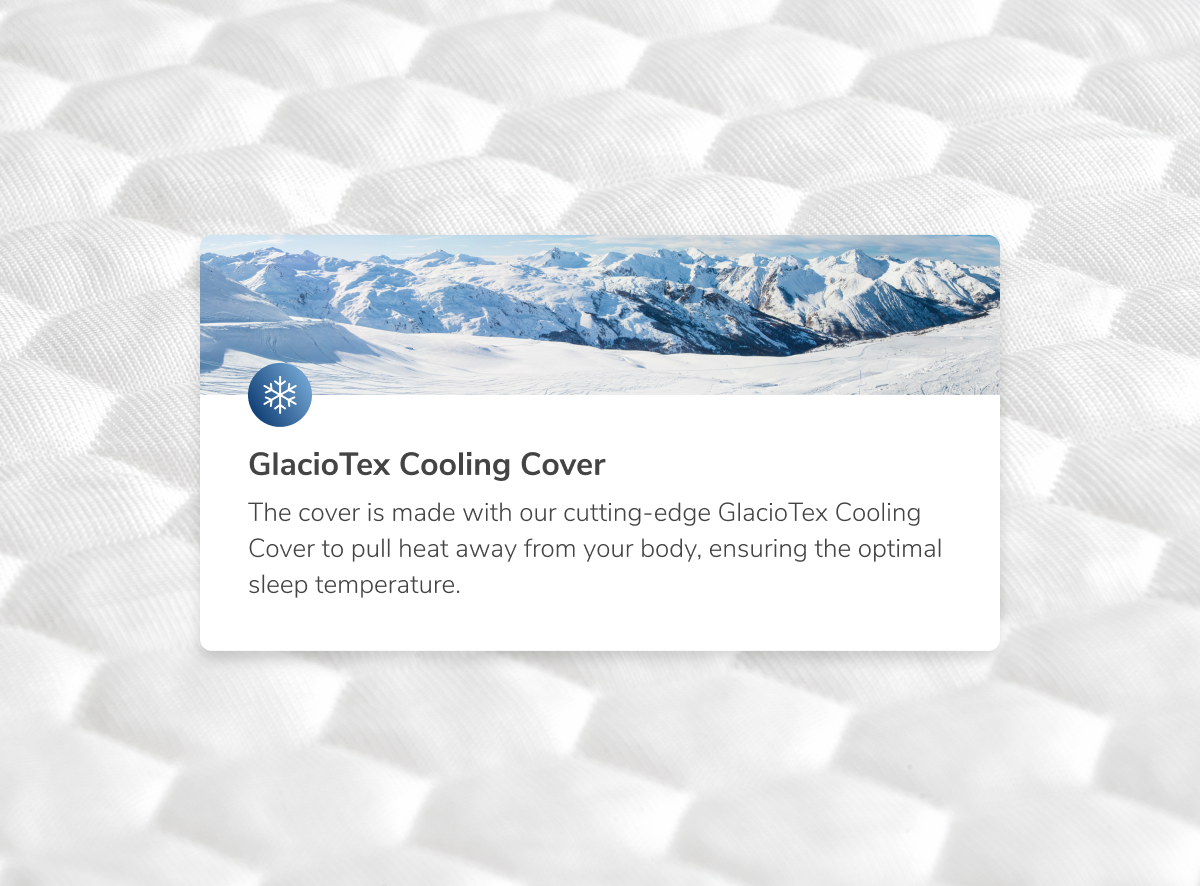 A rendered image of the Dual Comfort Mattress Topper with a callout to GlacioTex Cooling Cover
