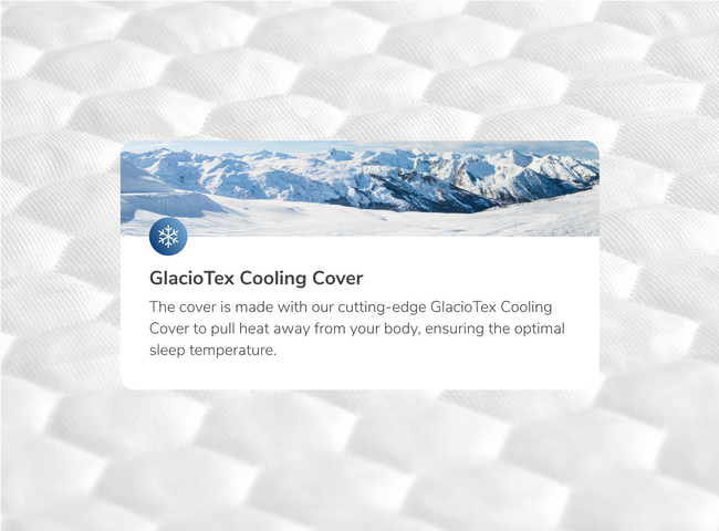 A rendered image of the ErgoAlign Mattress Topper with a callout to GlacioTex Cooling Cover for The Mattress Shop, showcasing product thumbnail image for Helix ErgoAlign Mattress Topper with GlacioTex on the product page.