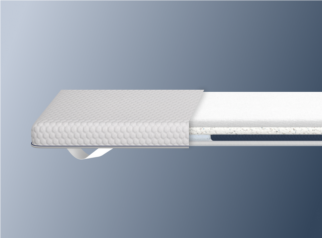 A rendered image of the ErgoAlign Mattress Topper showing the internal layers of the topper for The Mattress Shop, showcasing product thumbnail image for Helix ErgoAlign Mattress Topper with GlacioTex on the product page.