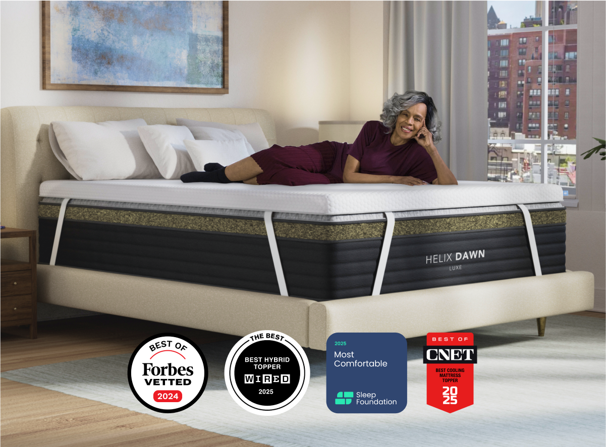 A rendered image showing the Luxury Plush version of the Premium Mattress Topper for The Mattress Shop, showcasing product image for Helix Premium Mattress Topper with GlacioTex on the product page.