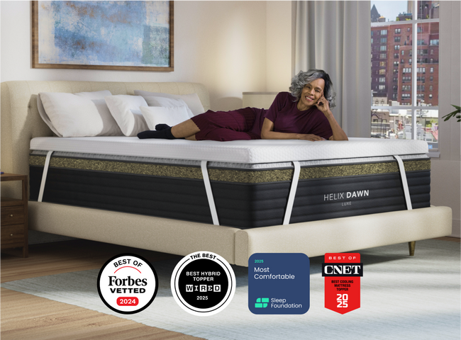 A rendered image showing the Luxury Plush version of the Premium Mattress Topper for The Mattress Shop, showcasing product thumbnail image for Helix Premium Mattress Topper with GlacioTex on the product page.