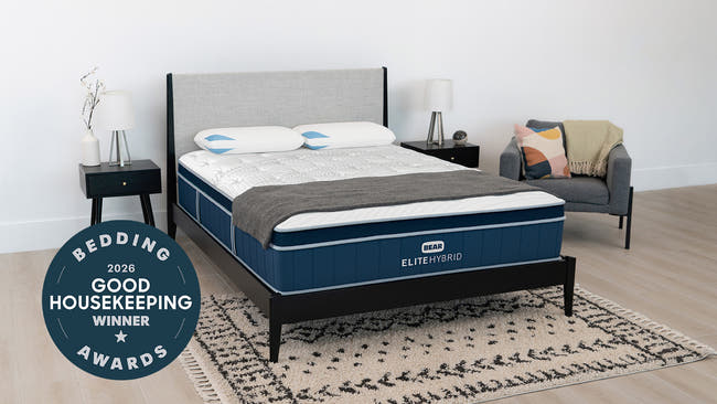Bear Elite Hybrid mattress in modern bedroom, winner of the 2026 Good Housekeeping Bedding Awards for The Mattress Shop, showcasing product image Bear Elite Hybrid on the page: Best Mattresses 2026 page.