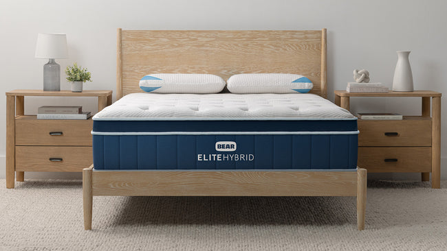 Bear Elite Hybrid mattress styled in modern bedroom with dark wood frame, nightstands, and rug for The Mattress Shop, showcasing product thumbnail image for Bear Elite Hybrid on the product page.