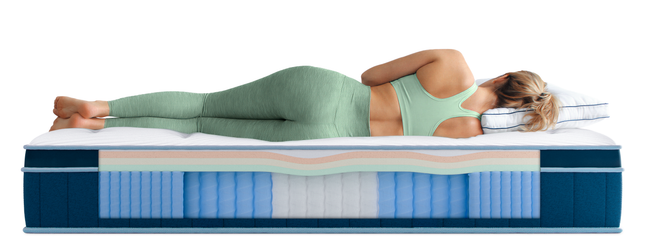 Bear Mattress Elite Hybrid cross-section with woman in green activewear lying on her side showing spinal alignment for The Mattress Shop, showcasing product image Bear Elite Hybrid on the page: Best Mattresses 2026 page.