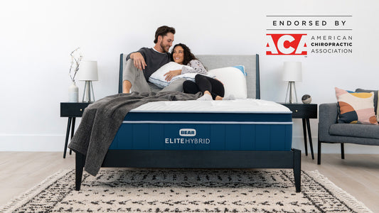 Bear Elite Hybrid mattress with couple relaxing together, endorsed by the American Chiropractic Association for The Mattress Shop, showcasing product image for Bear Elite Hybrid on the collection page.