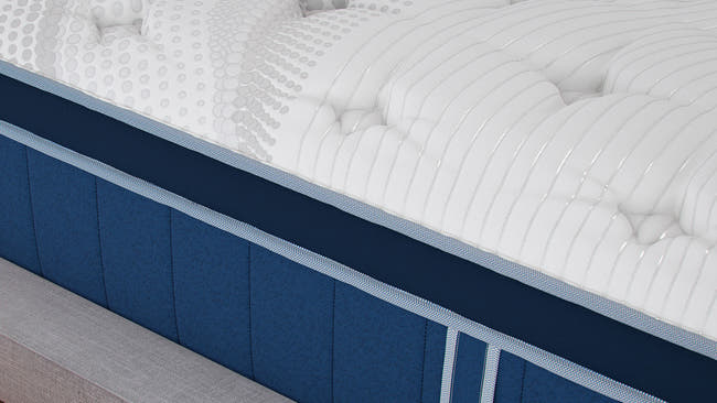 Bear Elite Hybrid mattress side detail showing navy blue quilted border with light blue piping for The Mattress Shop, showcasing product image Bear Elite Hybrid on the page: Best Mattresses 2026 page.