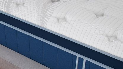 Bear Elite Hybrid mattress side detail showing navy blue quilted border with light blue piping
