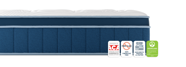 Bear Elite Hybrid mattress side view with ACA endorsement, fiberglass-free, Arizona factory, and GREENGUARD Gold badges for The Mattress Shop, showcasing product image Bear Elite Hybrid on the page: Best Mattresses 2026 page.