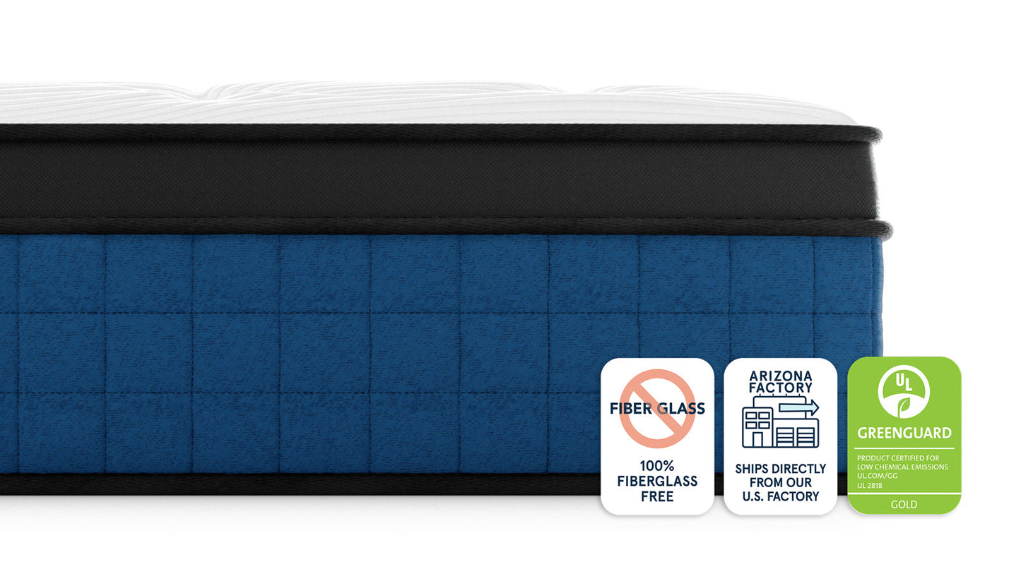 Bear Elite Ultra Hybrid Mattress side view with fiberglass-free, Arizona factory, and GREENGUARD Gold badges for The Mattress Shop, showcasing product image for Bear Elite Ultra Hybrid on the product page.