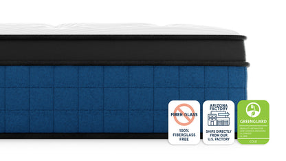 Bear Elite Ultra Hybrid Mattress side view with fiberglass-free, Arizona factory, and GREENGUARD Gold badges