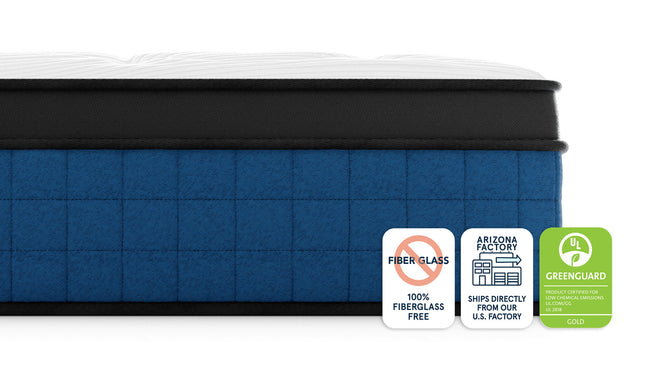 Bear Elite Ultra Hybrid Mattress side view with fiberglass-free, Arizona factory, and GREENGUARD Gold badges for The Mattress Shop, showcasing product thumbnail image for Bear Elite Ultra Hybrid on the product page.