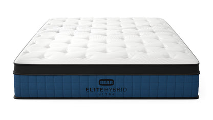 Bear Mattress Elite Ultra Hybrid angled product view showing quilted pillow top and navy blue base